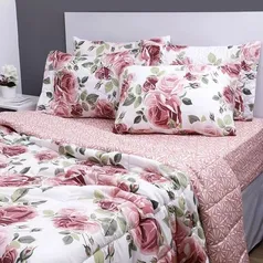 Jogo de Cama com Edredom Casal 6 Peças Dupla Face Yasmin Floral Rosa - Basic+ | R$130