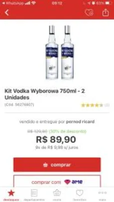 Kit vodka Wyborowa - 750 ml - 2 unidades | R$90