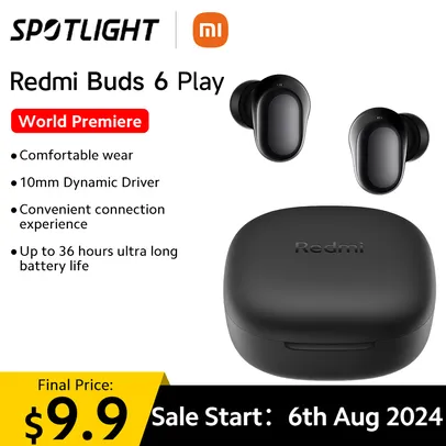 [TaxaInclusa] Redmi Buds 6 Play, Xiaomi Fone de Ouvido TWS, Driver Dinâmico,  Bluetooth 5.4, 10mm