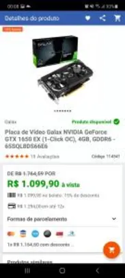 Placa de Vídeo Galax NVIDIA GeForce GTX 1650 EX (1-Click OC), 4GB, GDDR6 R$1045