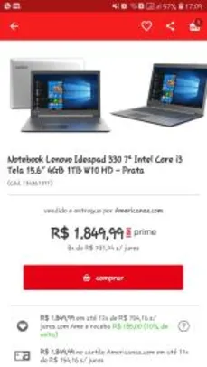 Notebook Lenovo Ideapad 330 Intel Core i3 7° 15.6, 4GB de memória RAM, 1T HD e Win10 POR r$ 1850