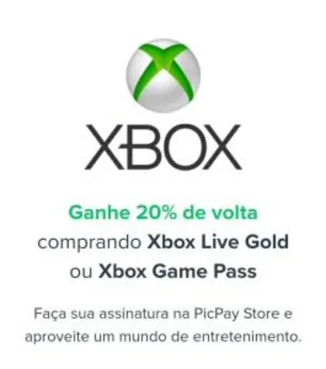 20% de Cashback na Compra de Xbox Live Gold ou Xbox Game Pass
