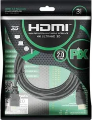 Cabo Hdmi 2.0 4K Hdr 19P 3M Pix Gold, Preto | R$16