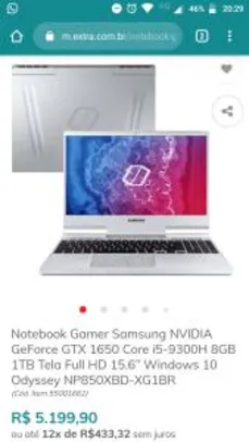 Notebook Gamer Samsung NVIDIA GeForce GTX 1650 Core i5-9300H 8GB 1TB Tela Full HD 15.6” Windows 10 Odyssey NP850XBD-XG1BR