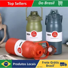 [BR / Primeira Compra R$ 32] Garrafa Térmica de Viagem Aço Inox 1,0L Litro Água Café com Alça Camping Trilha Acampamento 