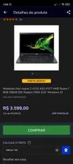 Notebook Acer Aspire 3 A315-42G-R1FT AMD Ryzen 7 8GB 256GB SSD Radeon 540X 15,6` Windows 10 - R$3599