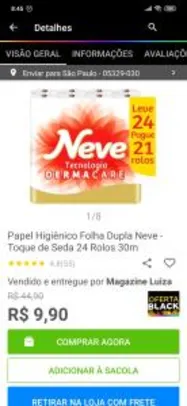 Papel Higiênico Folha Dupla Neve - Toque de Seda 24 Rolos 30m - R$10