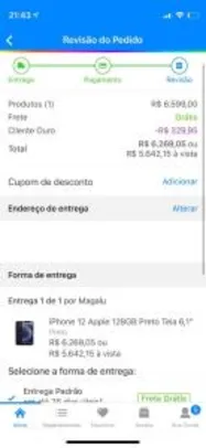 (App Magalu + Cliente Ouro) iPhone 12 128gb Preto Azul Vermelho e Verde - R$5642