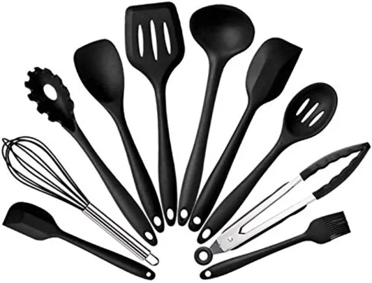 JG STORE Kit 10 Peças Jogo De Utensílios De Silicone Maciço Cozinha Inox Pegador Espátula Colher Concha Pincel (Preto)