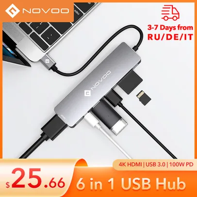 Novoo Hub USB 6 em 1 | 4k HDMI | USB 3.0 | SD Slot
