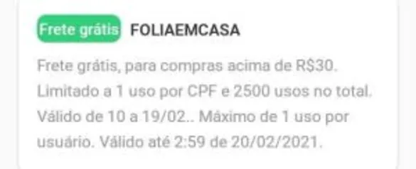 Frete grátis para compras acima de R$30