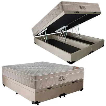 Cama Box Baú Casal Suede Bipartido + Colchão Ortobom Airtech Molas Ensacadas 138x188x69 Bege