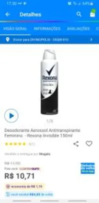 [App + Cashback R$7] Desodorante Aerossol Antitranspirante Feminino - Rexona Invisible 150ml - R$11