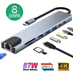 Hub USB 8 em 1 tipo c 3.1 a 4k hdmi, cartão rj45, sd/tf, pd, carga rápida