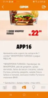 Combo Whoopper Furioso: sanduíche + batata + refri R$23
