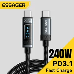 [Moedas] 2 metros Essager Cabo USB Tipo C para USB C, 240w, Carregamento Rápido