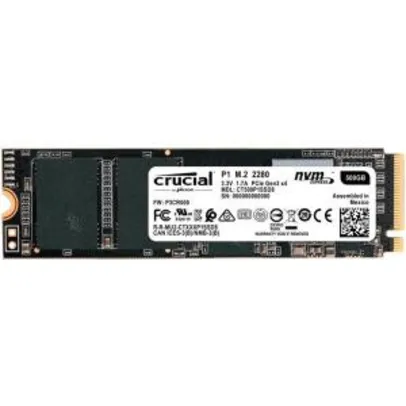 SSD Crucial P1, 500GB, M.2 NVMe, Leitura 1900MB/s, Gravação 950MB/s - CT500P1SSD8 R$430