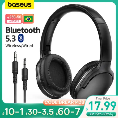 Fone de Ouvido Baseus D02 PRO Sem Fio - Bluetooth 5.3, 50h de Bateria e Dobrável