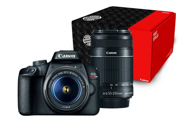 Câmera EOS Rebel T100 Premium Kit com Lente EF-S 18-55mm + EF-S 55-250mm | Loja Canon