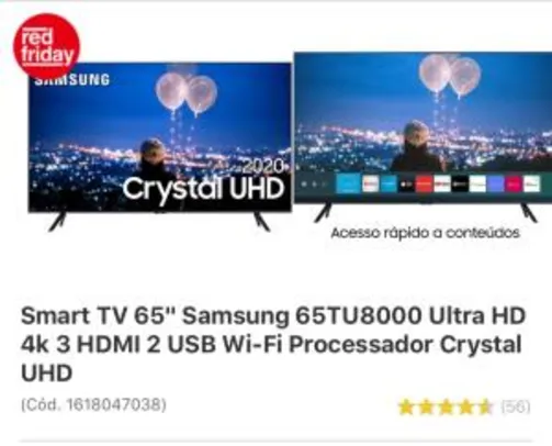 Smart TV 65" Samsung 65TU8000 Ultra HD 4K | R$ 3059