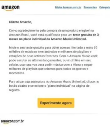 (Selecionados) Compre um produto na Amazon Brasil e ganhe 3 meses de Amazon Music Unlimited