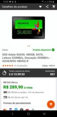SSD Adata SU630, 480GB, SATA, Leitura 520MB/s, Gravação 450MB/s  - R$290
