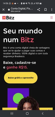 Baixe Bitz e cadastre-se para ganhar 15 R$