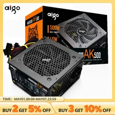 Fonte de Alimentação para PC, Black Gaming, Quiet, 120mm, RGB Fan, 24Pin, 12V Aigo-AK 500w