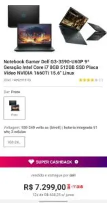 [AME 15% ] Notebook Gamer Dell G3-3590-U60P i7 8GB 512GB SSD Placa Vídeo NVIDIA 1660Ti 15.6"