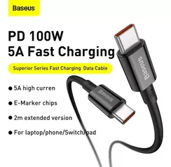Cabo de Dados Baseus 100W USB-C para USB-C de 2 metros - Acabamento Premium, Carregamento Rápido
