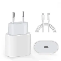 Fonte Entrada Tipo-C e Cabo USB-C 1 Metro, 20W Carregador Turbo de Parede