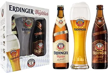 Kit Cerveja Erdinger Garrafa - 1 Erdinger Weissbier 500ml + 1 Erdinger Dunkel 500ml + 1 Copo Erdinge