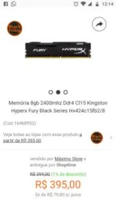 Memória 8gb 2400mhz Ddr4 Cl15 Kingston Hyperx Fury Black Series Hx424c15fb2/8 | R$359