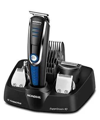 (Missão R$ 74$ ) Aparador de Pelos Super Groom 10, Mondial, Preto/Azul, 6W, Bivolt - BG-03