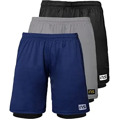 Kit 3 Shorts Bermuda Dry Fit Academia Fitness Duplo 2 Em 1 Cor:Preto/Cinza/Azul;Tamanho:G