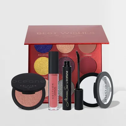 Kit Brilho Labial + Blush + Paleta de Sombras + Máscara de Cílios + Pó Compacto (5 Produtos) + 11 brindes