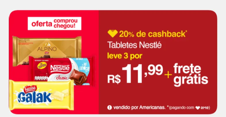 [APP / AME 9,59] 3 Barras de Chocolate Nestlé - 90g