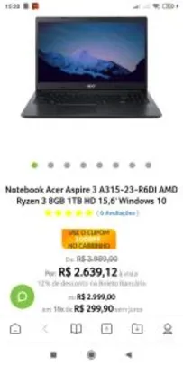 Notebook Acer Aspire 3 A315-23-R6DJ AMD Ryzen 3 8GB 1TB HD 15,6' Windows 10 - R$2399