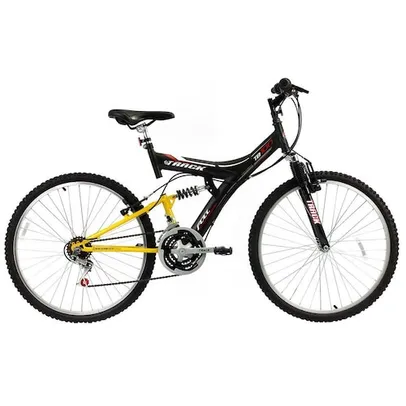 Bicicleta Aro 26 Track & Bikes TB100XS com 18 Marchas e Suspensão Dupla - Preta/Amarela