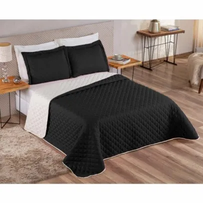 Kit Cobre Leito 3 Peças Cama Queen Dupla Face com Porta Travesseiros Matelado Preto e Bege Casa Dona