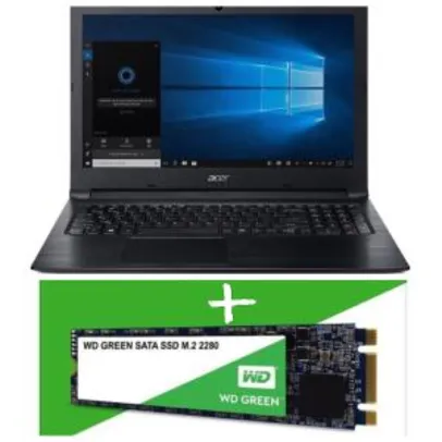 Notebook Acer Aspire 3 A315-41-R4RB AMD Ryzen™ 5 2500U 2.0 a 3.6 GHz RAM de 12GB HD de 1TB Tela de 15.6”HD Wind10+SSD WD Green 240GB M.2