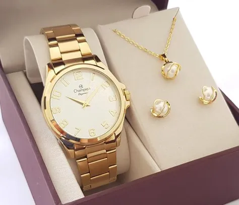 [magalupay R$188] Relógio Champion Feminino Dourado Original CN26377W Com Colar e Brincos | R$209
