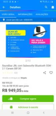 Soundbar JBL com Subwoofer Bluetooth 55W - 2.1 Canais SB130 | R$ 929