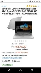 Notebook Lenovo Ultrafino ideapad S145 Ryzen 7-3700U 8GB 256GB SSD Win 10 15.6" FHD 81V70000BR Prata