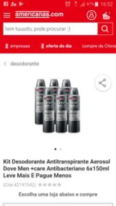 [R$55 AME/FRETE GRÁTIS] Kit Desodorante Antitranspirante Aerosol Dove Men +care Antibacteriano 6x150ml | R$79