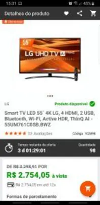 Saindo por R$ 2755: Tv LG 55' 4K AI ThinQ | Pelando