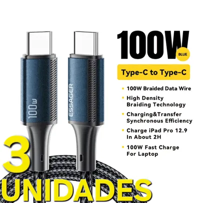 [3 UNIDADES/TAXA INCLUSA] Essager Cabo Tipo-C 100W, PD, Carregamento Super Rápido, Para iOS e Android 