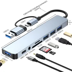 USB C Hub Splitter para MacBook, 8 em 2 Extensor USB, 4 portas USB, 1 porta USBC, TF e leitor de cartão SD, saída de áudio