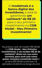 R$20 Cashback Investindo R$100 CDB MODAL