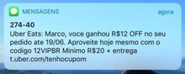 [Usuários Selecionados] Uber Eats - R$12 OFF, minimo de R$20